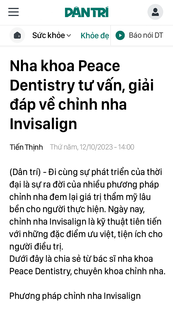 báo dân trí nói về nha khoa peace dentistry