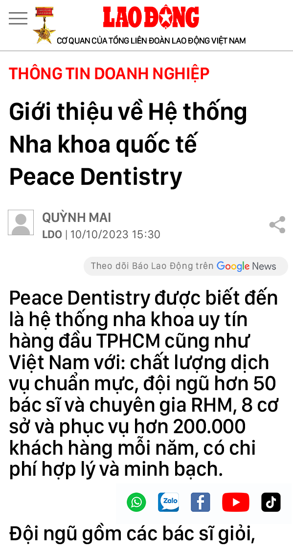 báo lao động nói về nha khoa peace dentistry