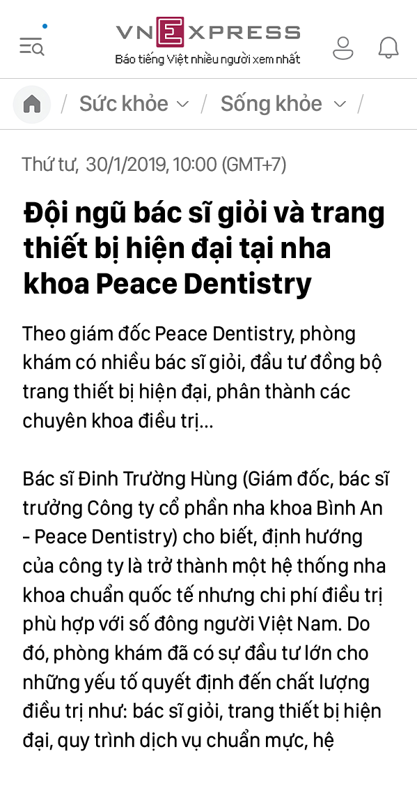 báo vnexpress nói về nha khoa peace dentistry