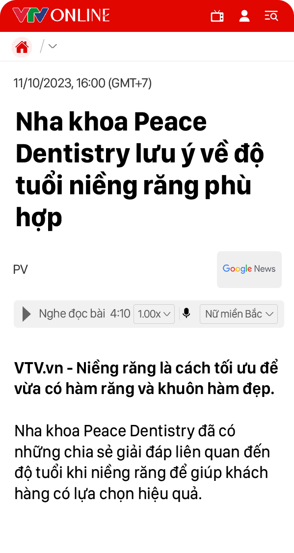 báo vtv online nói về nha khoa peace dentistry